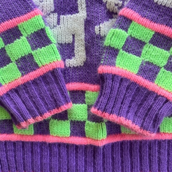 Vintage Hot Fudge Kitty Kitten Cat Neon Checkered Knit Sweater Purple Pink GUC - Picture 6 of 9